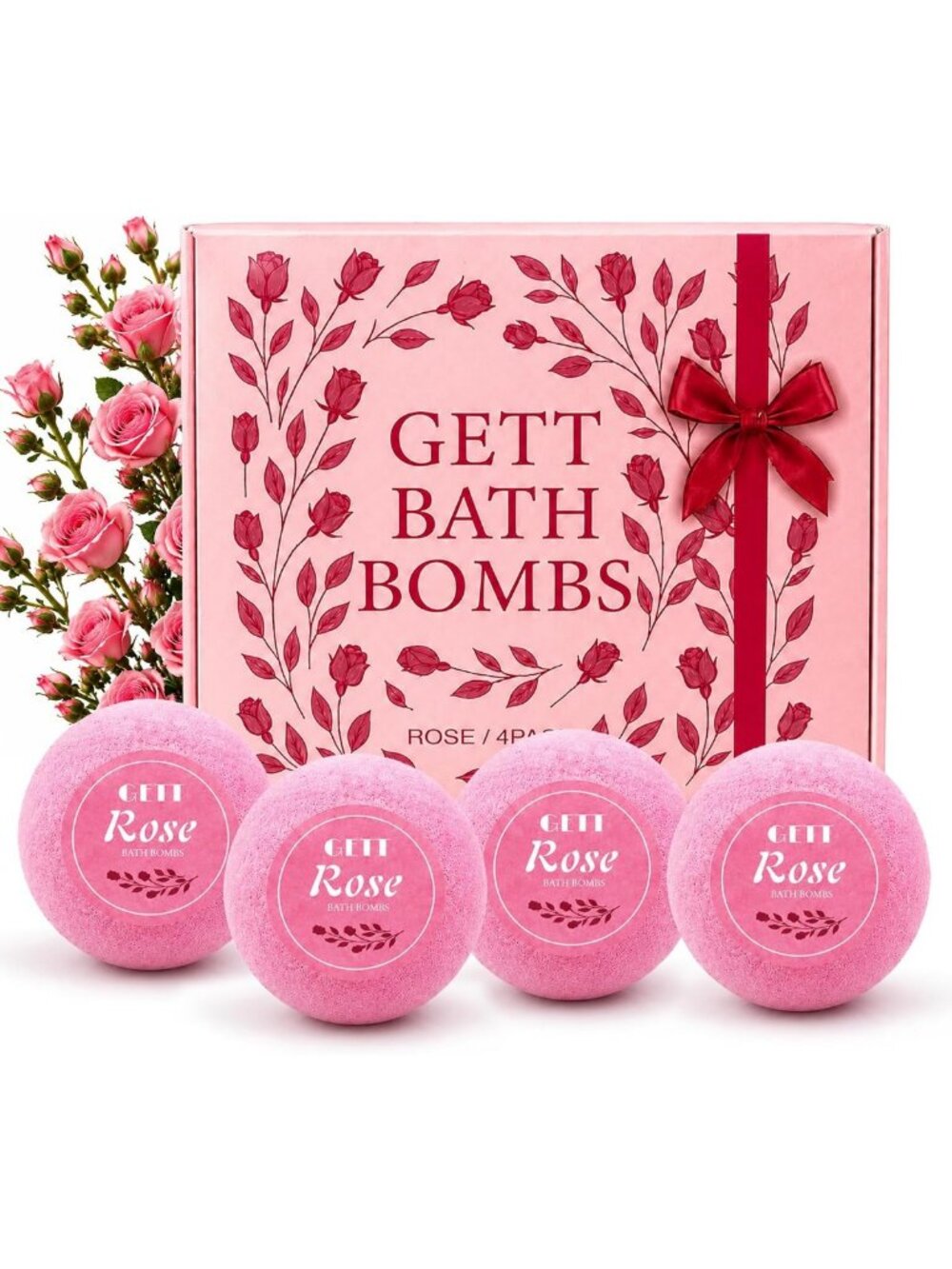 Luxury Rose Bath Bombs 4-Pack, Vegan & Essential Oils, Relaxing Gift Set for All